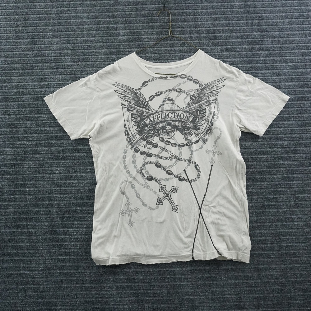 Affliction Graphic T-Shirt Mens XL Gray Winged Skull Rosary Biker Gothic USA